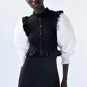 Thread Story Top Black and White Smocked Contrast Size M Academia Whimsy Goth